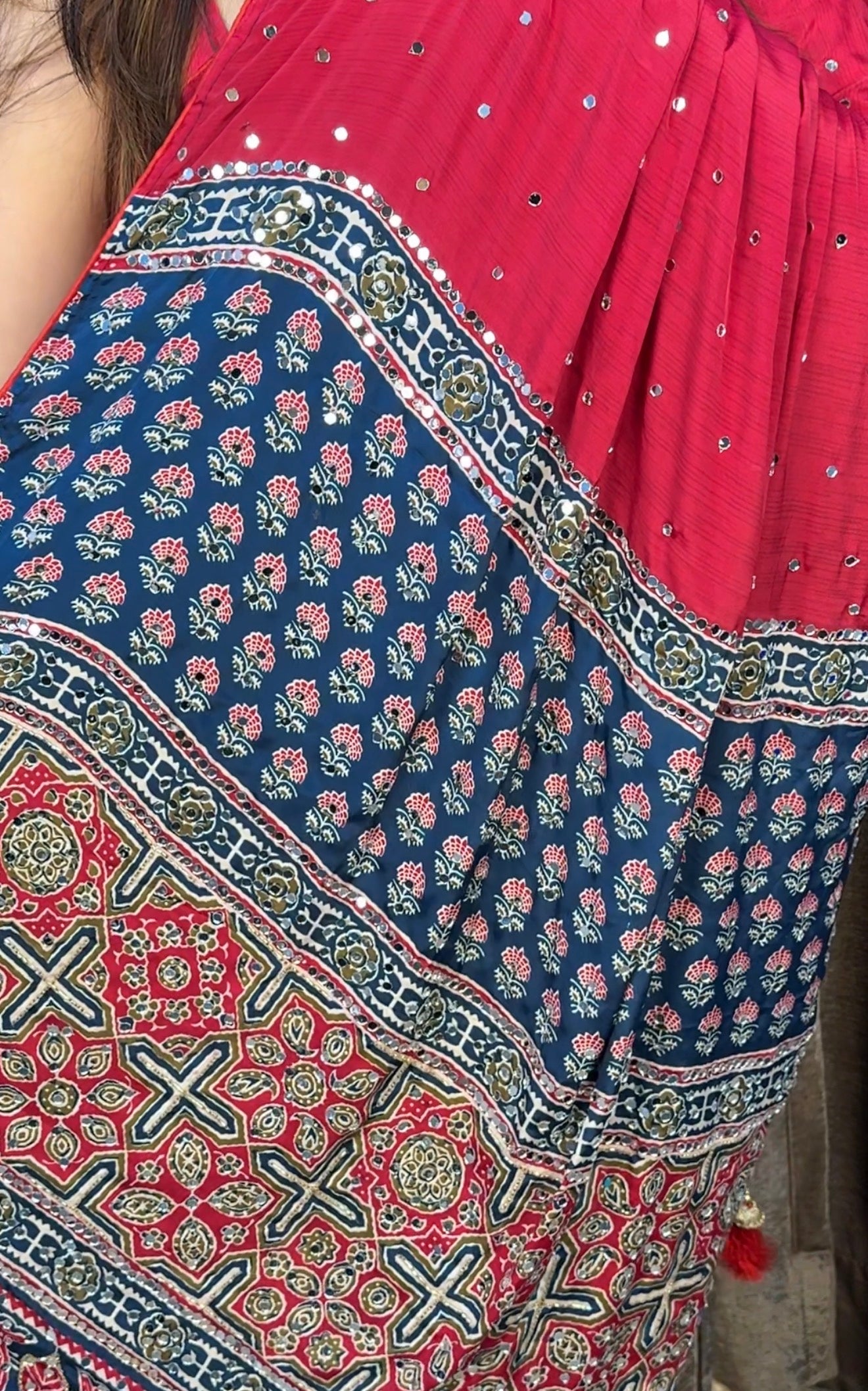 Premium Crepe Satin Ajrakh with Mirror Work- Red