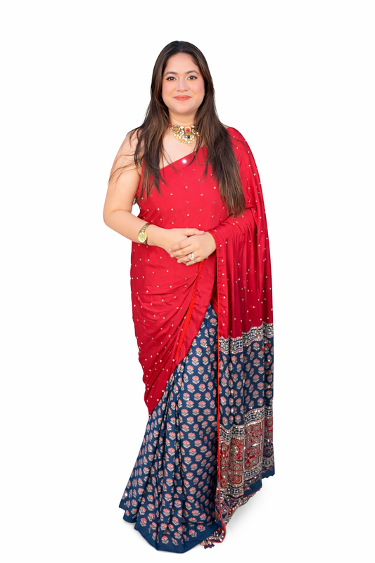 Premium Crepe Satin Ajrakh with Mirror Work- Blue
