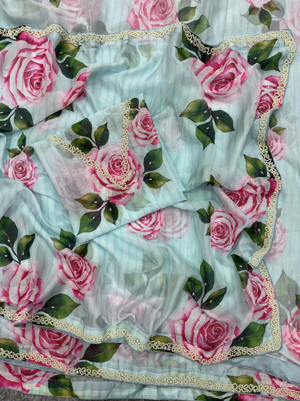 Fancy Floral Print Organza Saree - Powder Blue