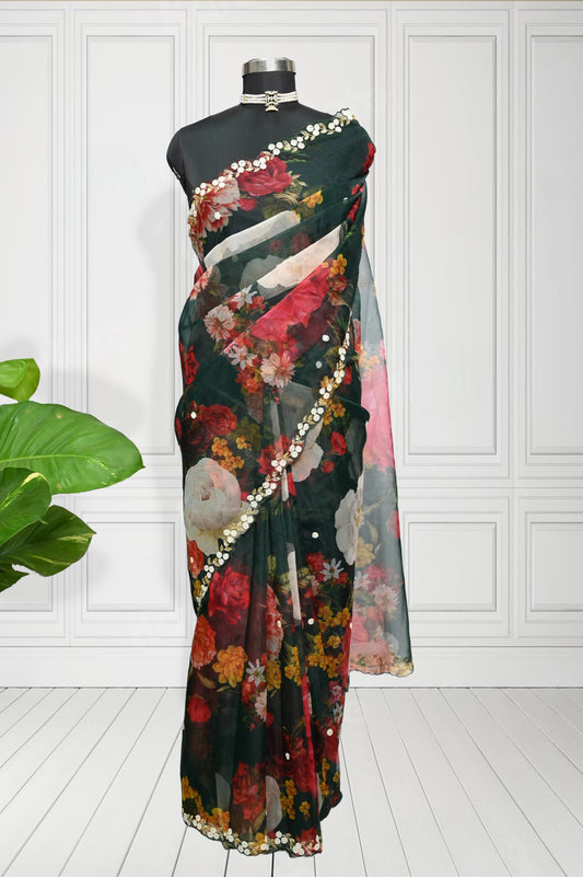 Zariya - Bottle Green Pure Organza  Saree with Hand work