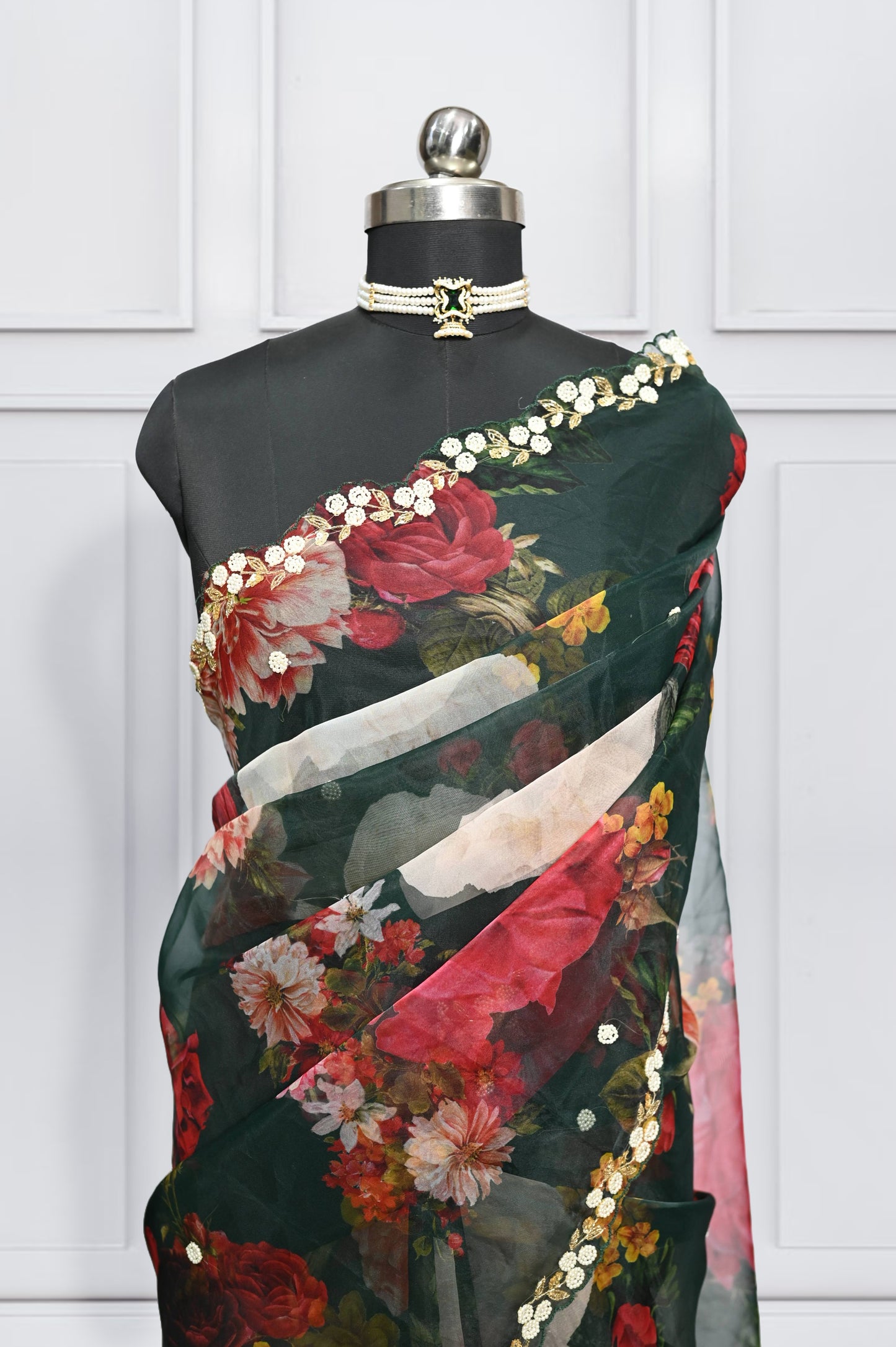 Zariya - Bottle Green Pure Organza  Saree with Hand work