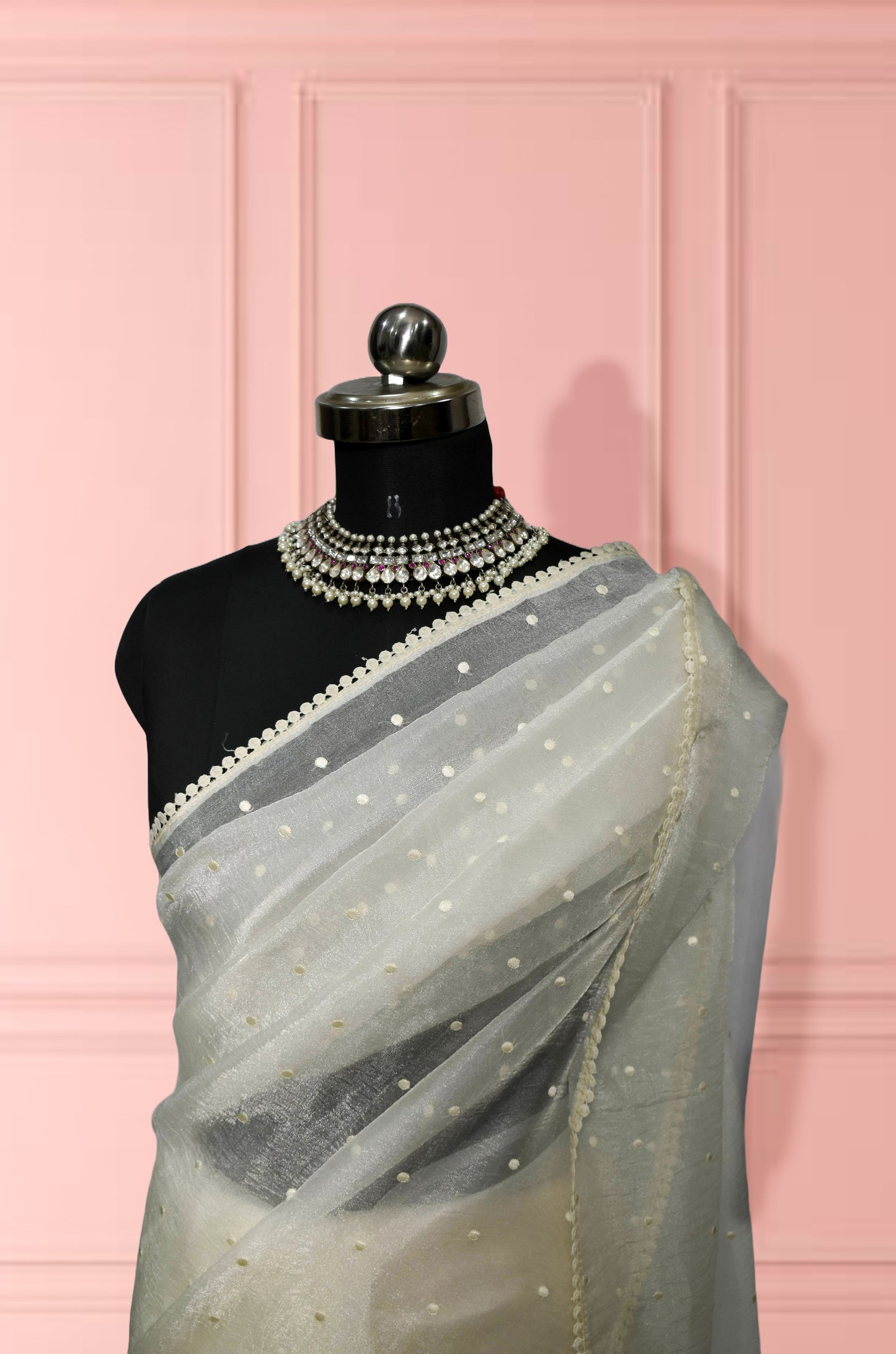 Haans - White Organza Saree with scallop work