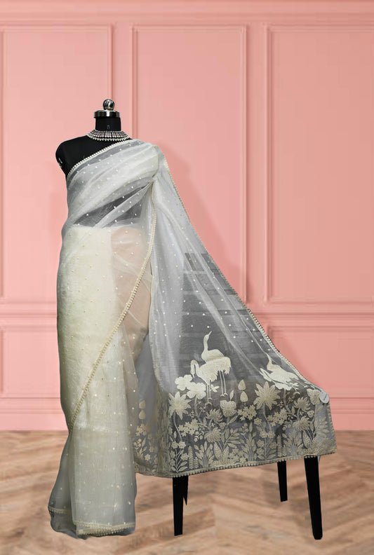 Haans - White Organza Saree with scallop work