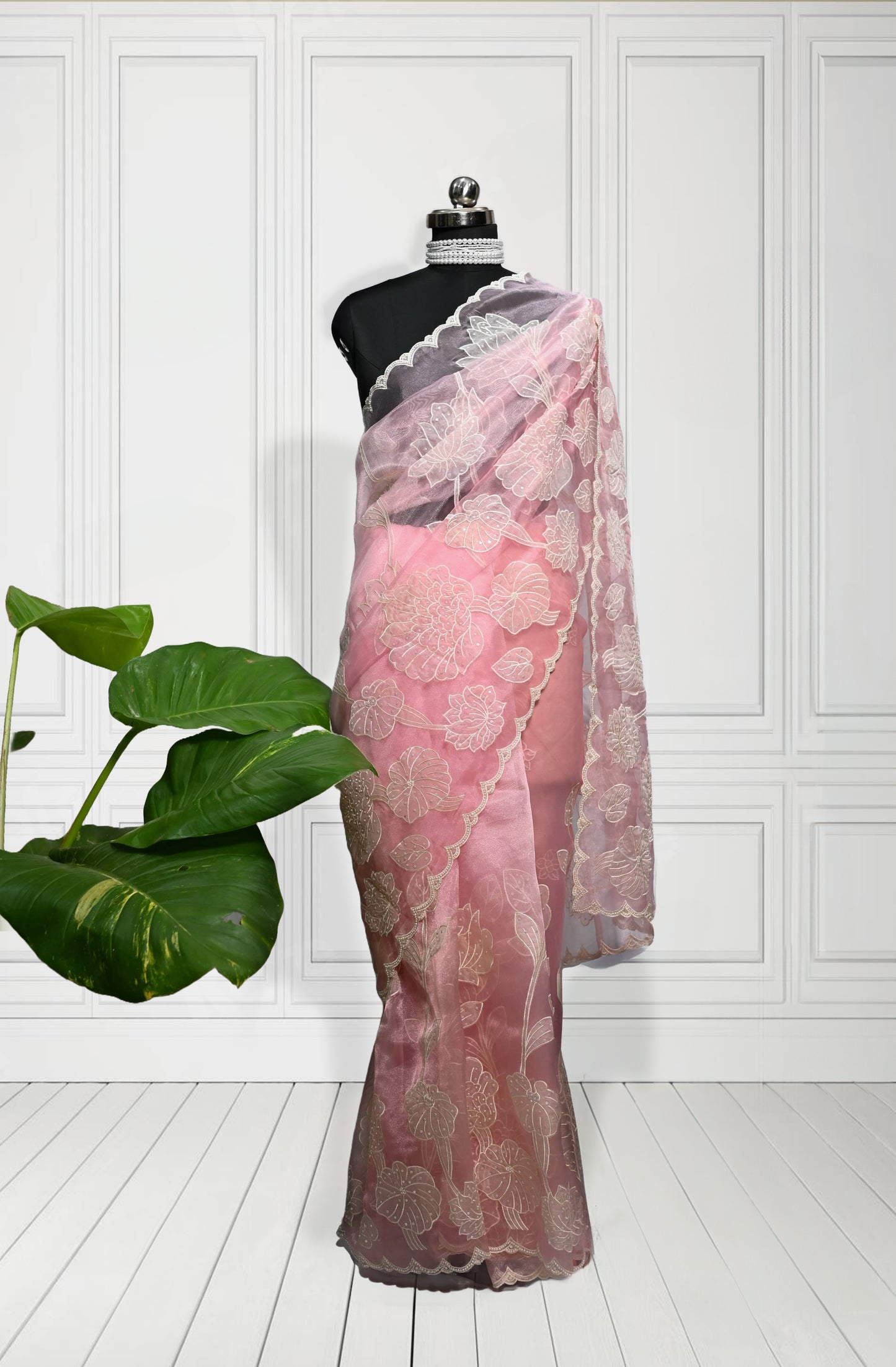 Pink Pearl Sequins Pure Organza Saree