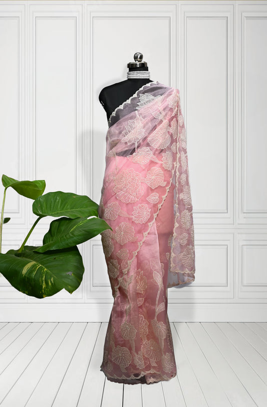 Pink Pearl Sequins Pure Organza Saree