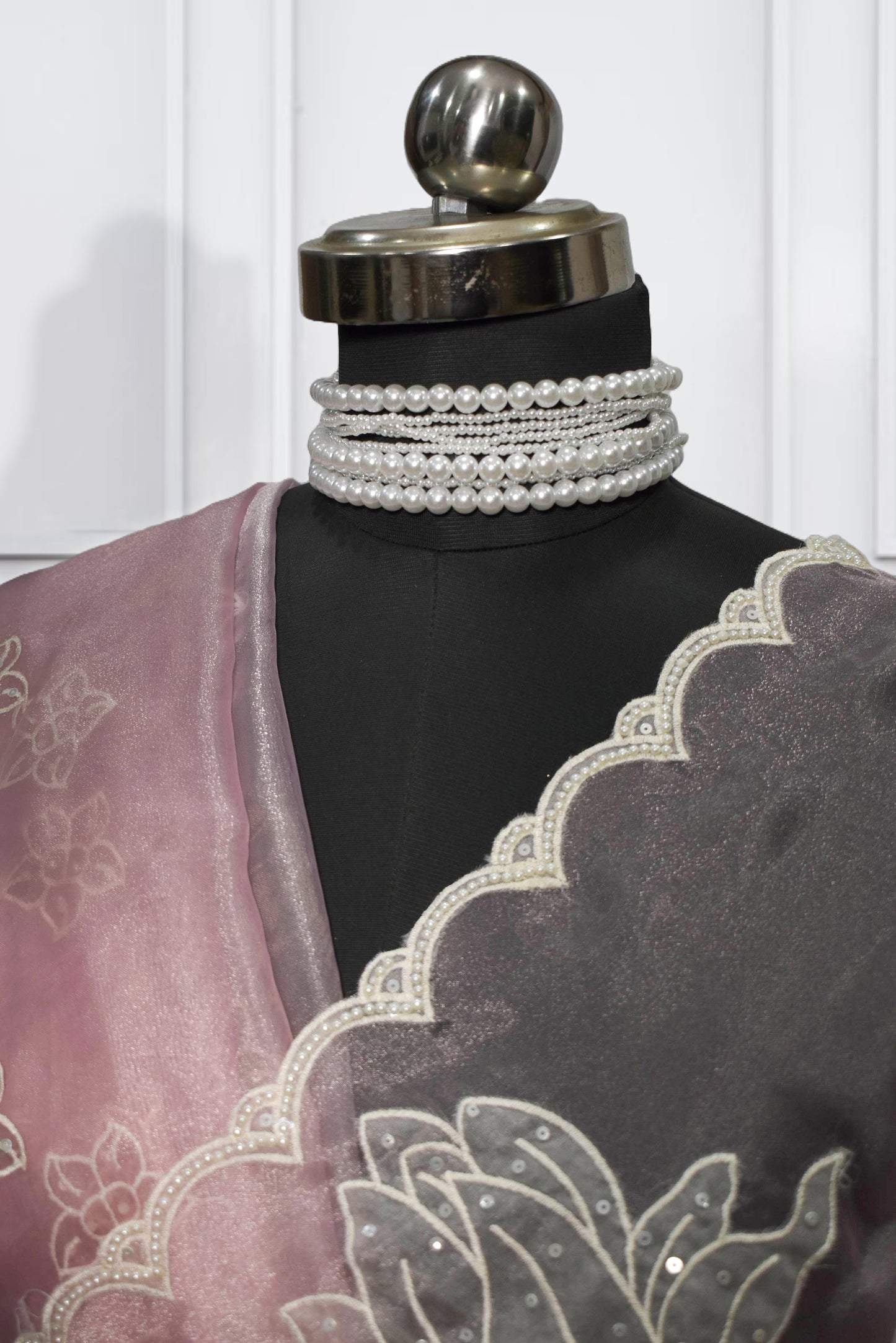 Pink Pearl Sequins Pure Organza Saree