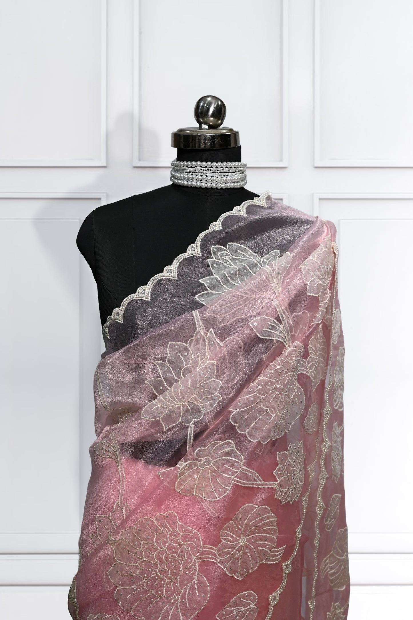 Pink Pearl Sequins Pure Organza Saree