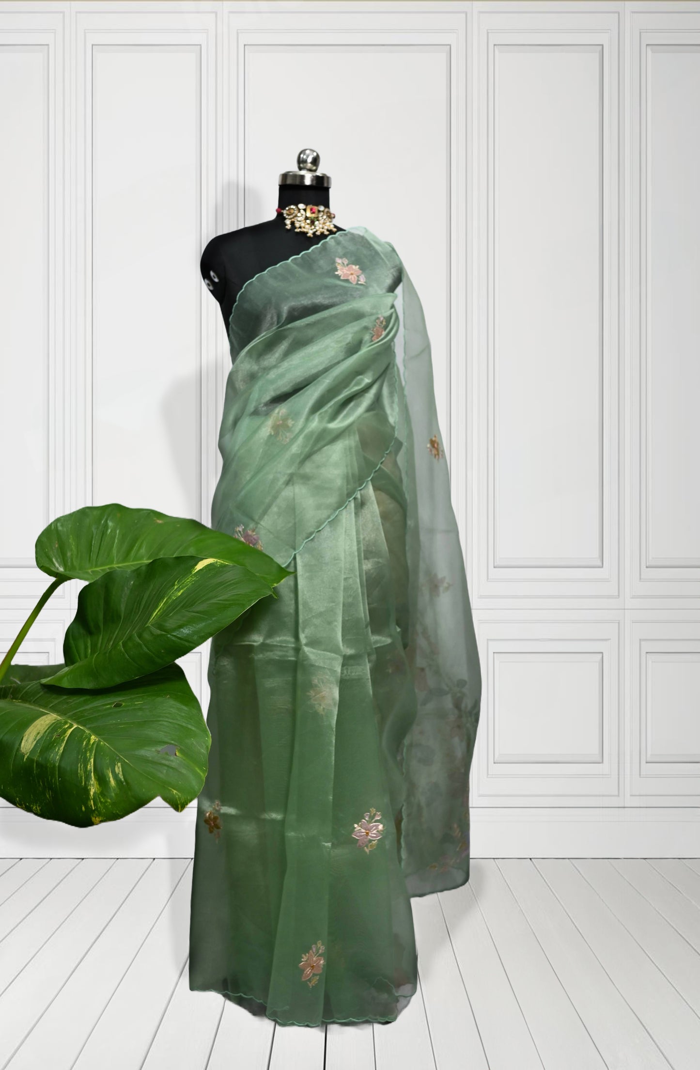 Aarya - Pure Organza Green Saree with Zari work