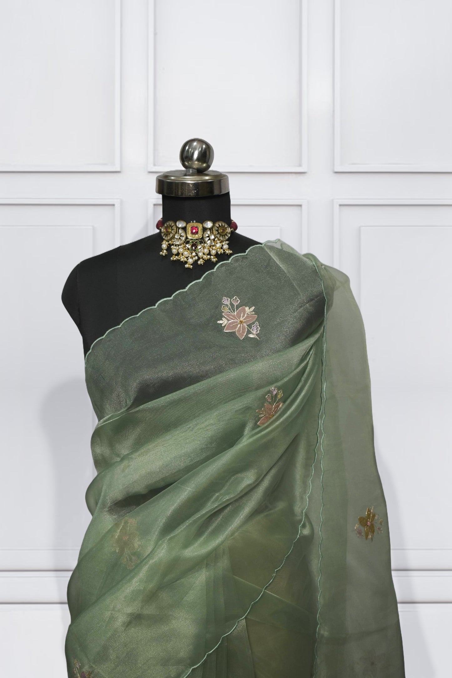 Aarya - Pure Organza Green Saree with Zari work