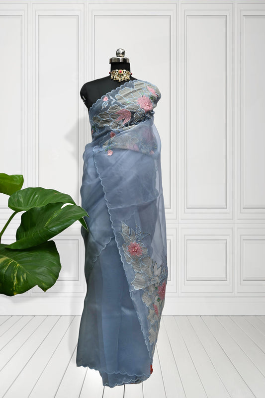 Light Blue Pure Organza Saree with Scallop Border