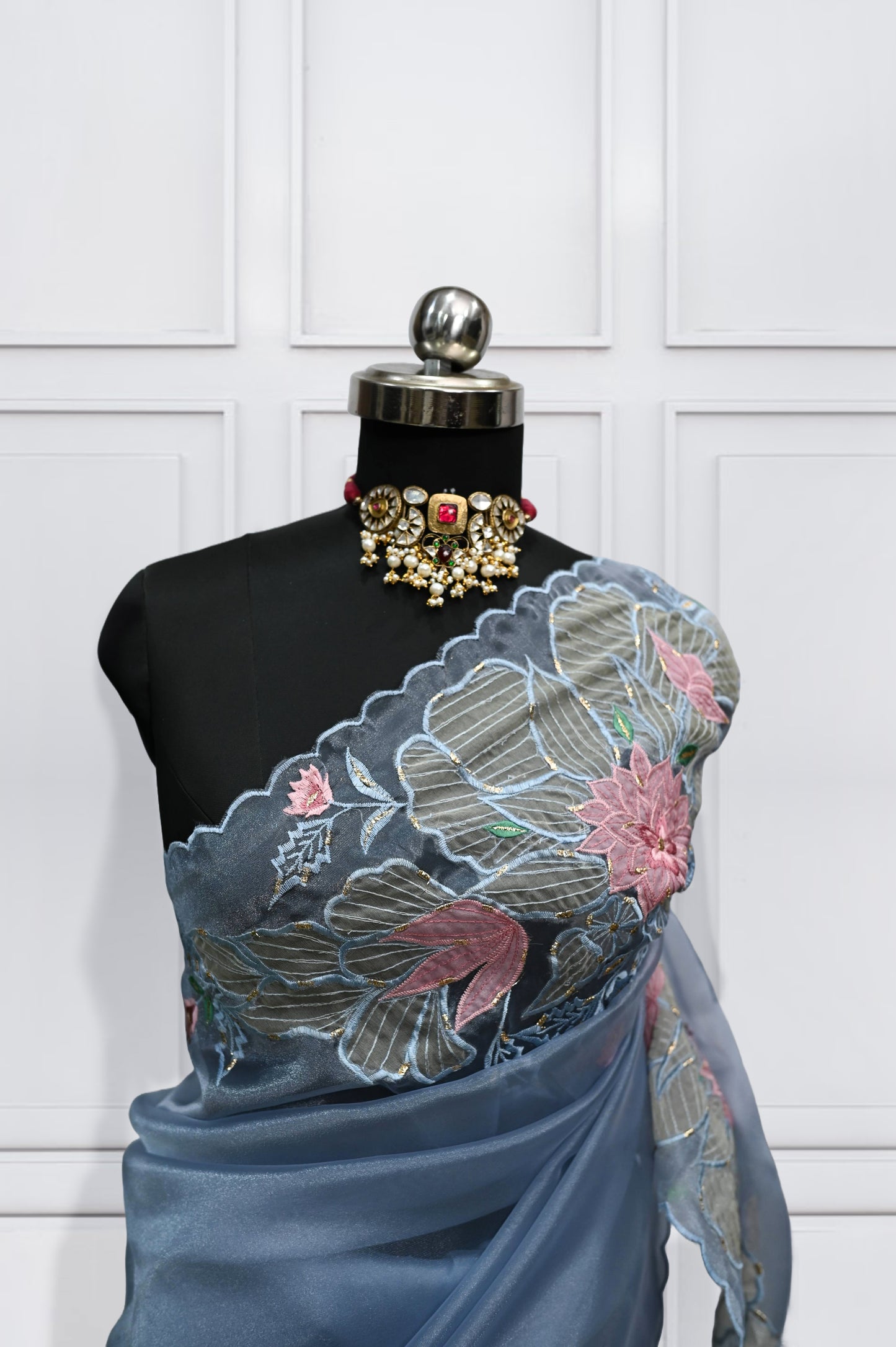 Light Blue Pure Organza Saree with Scallop Border