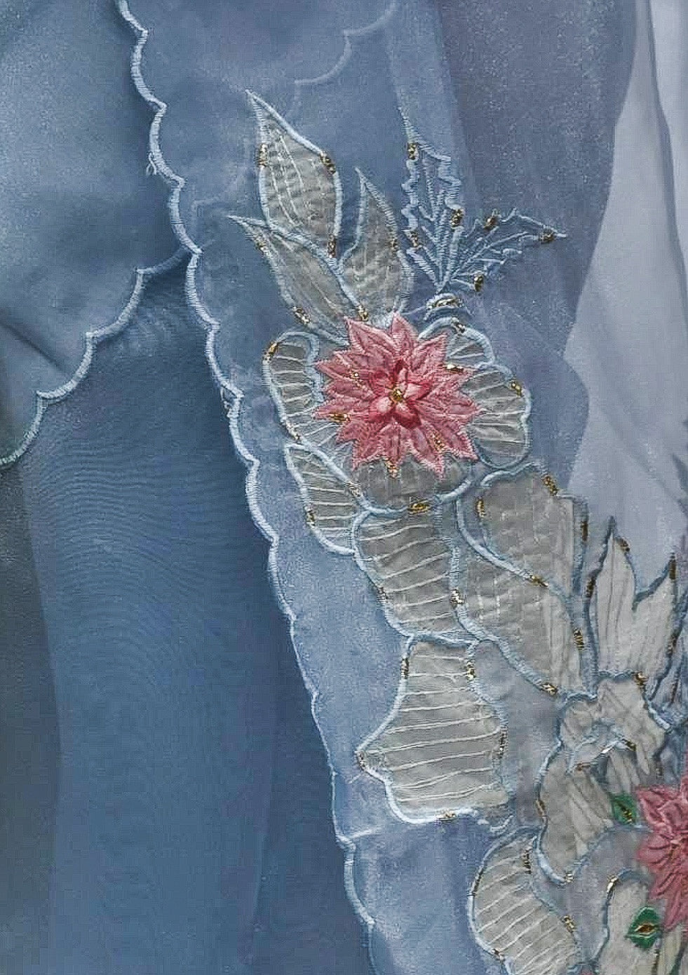 Light Blue Pure Organza Saree with Scallop Border