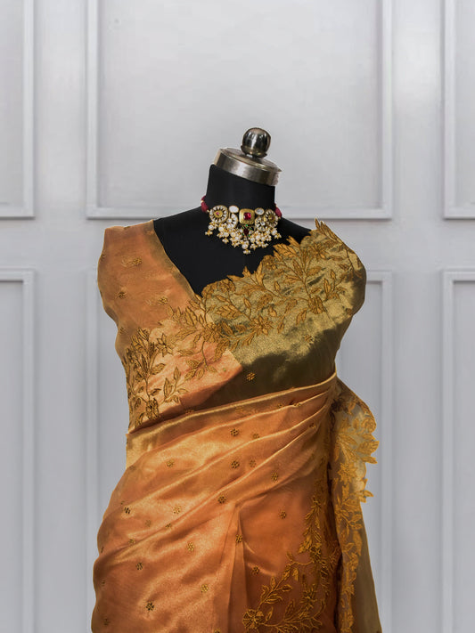 Golden Organza Saree with Scallop Border