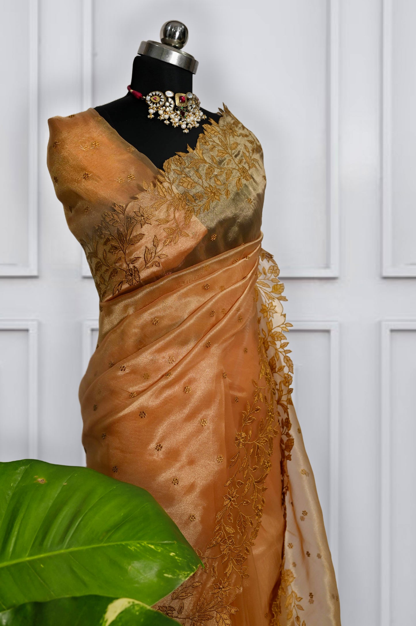 Golden Organza Saree with Scallop Border
