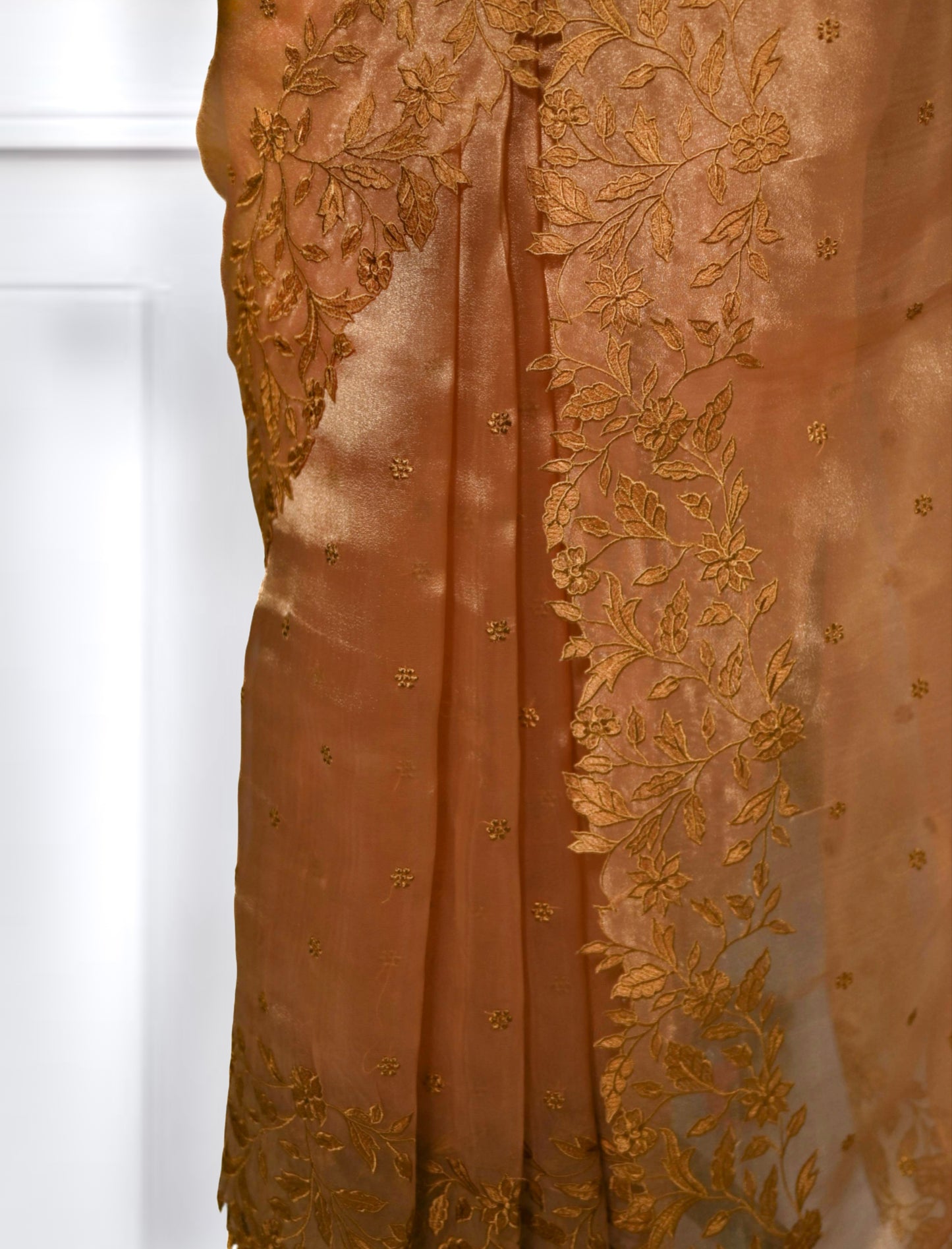Golden Organza Saree with Scallop Border