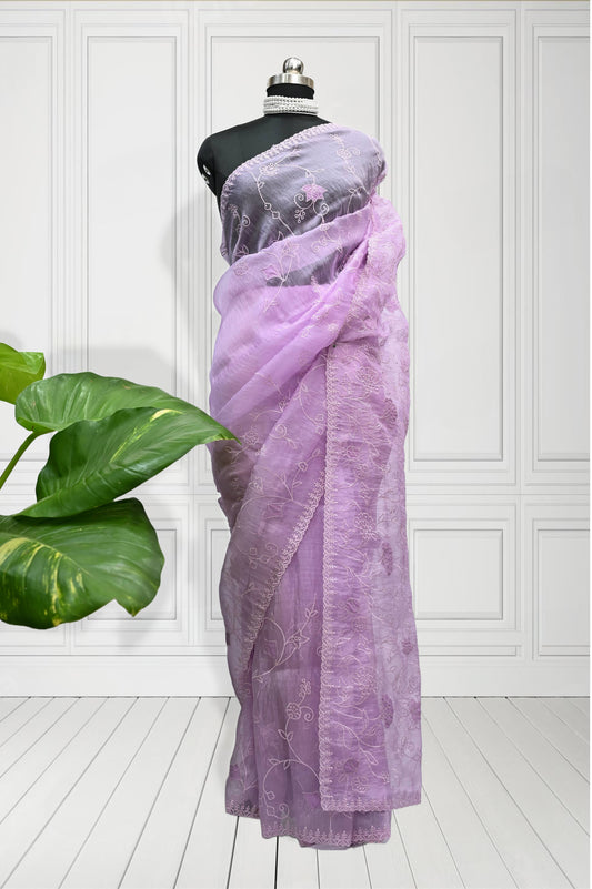 Lavender Organza Saree with All over Embroidery