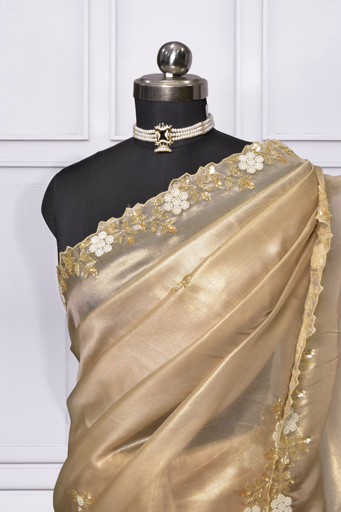 Metalic Golden Designer Tissue  Saree with Hand Work