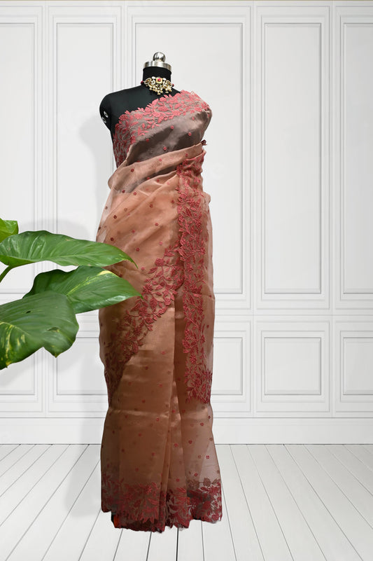 Rose Gold Organza Saree with Scallop Border