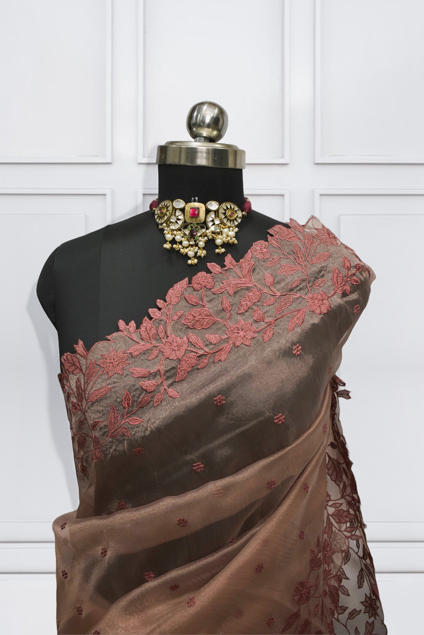 Rose Gold Organza Saree with Scallop Border