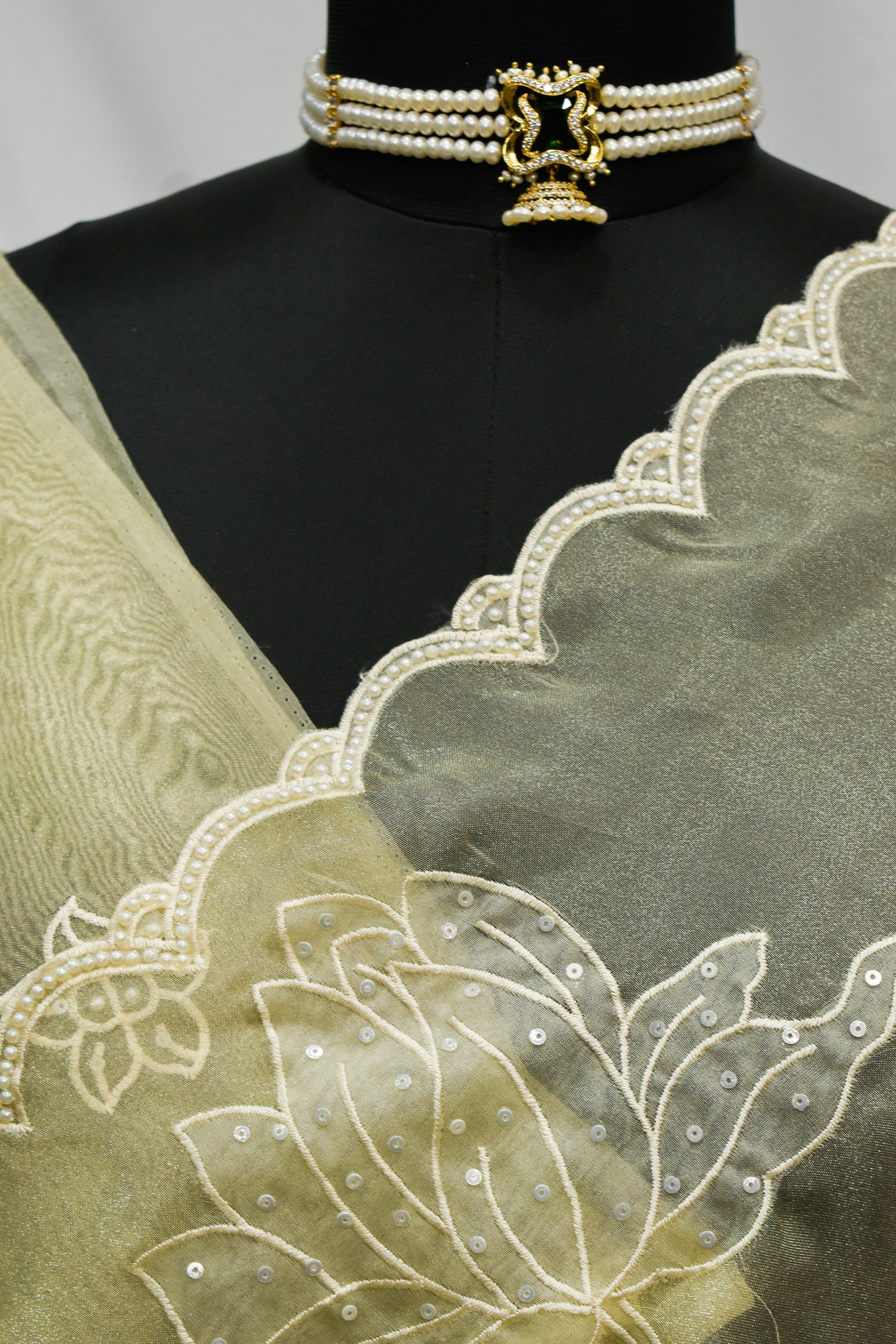 Yellow Pearl & Sequins Pure Organza Saree