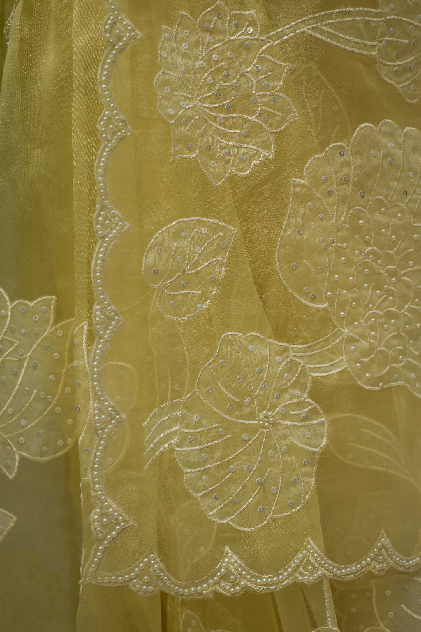 Yellow Pearl & Sequins Pure Organza Saree