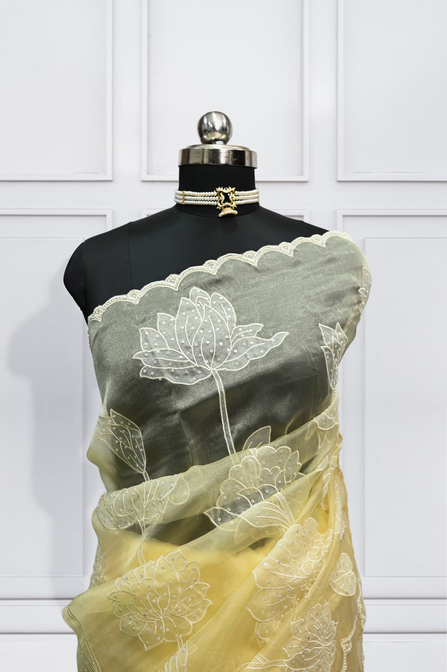 Yellow Pearl & Sequins Pure Organza Saree