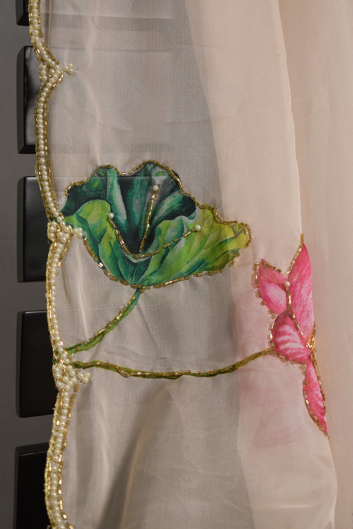 Fancy Floral Print Organza Saree - Peach