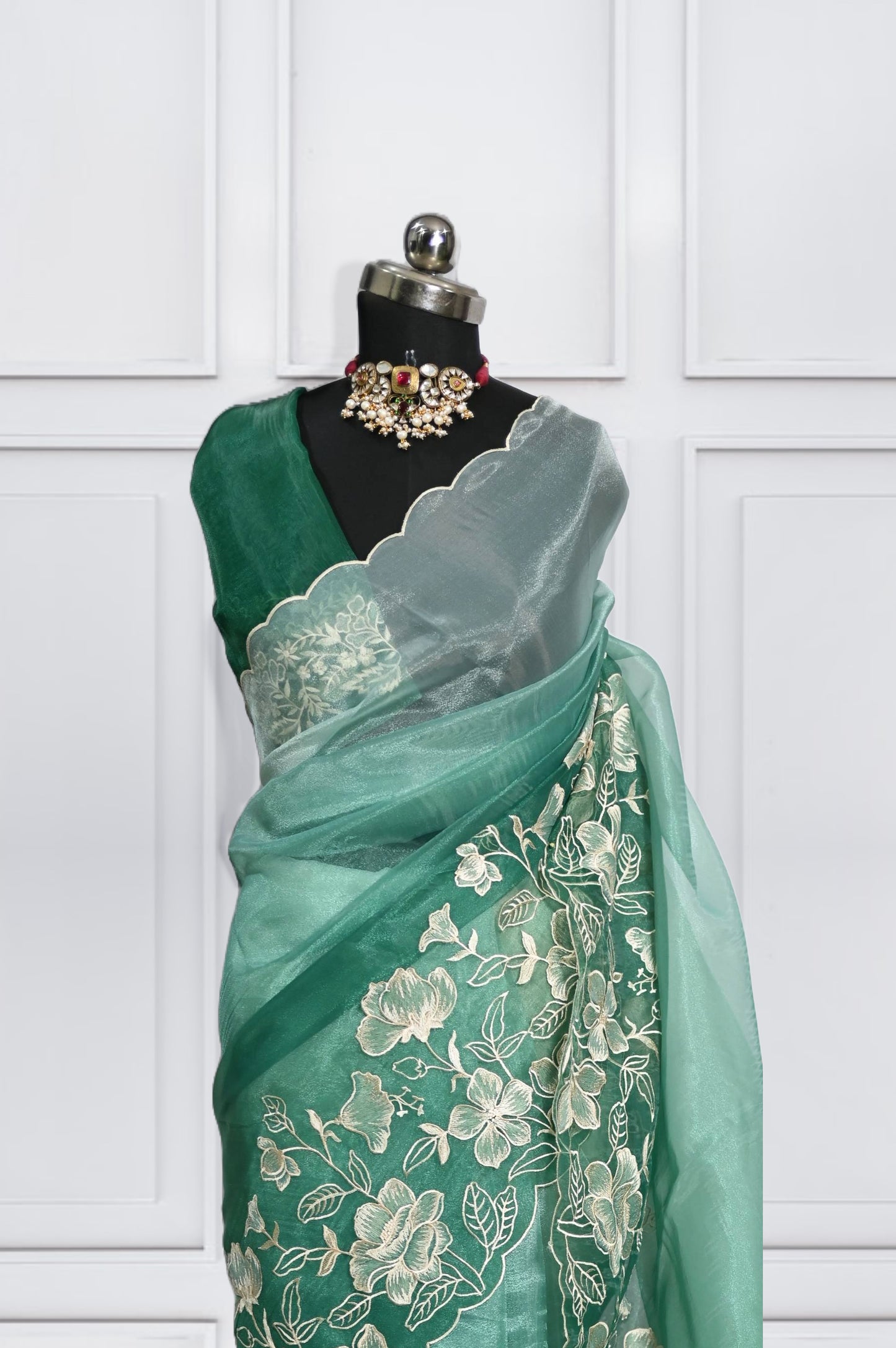 Green Organza Saree with Flower scallop work
