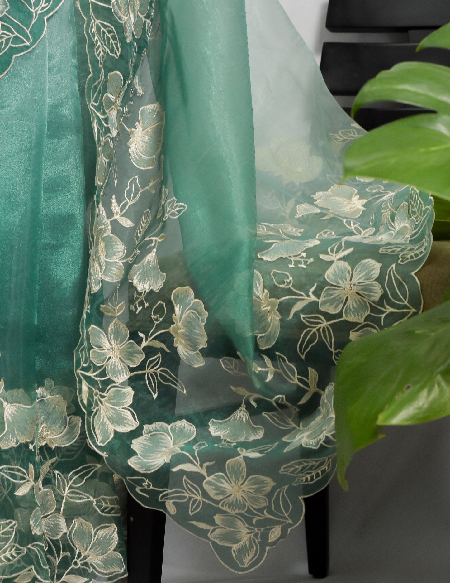Green Organza Saree with Flower scallop work