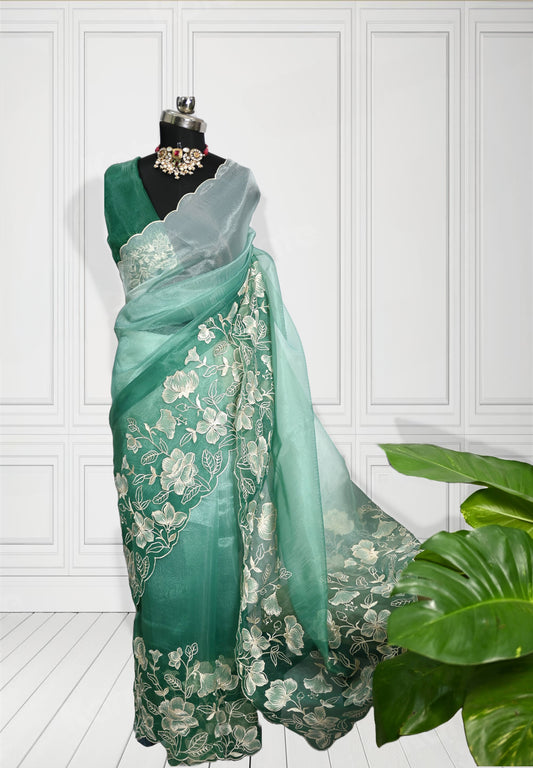 Green Organza Saree with Flower scallop work