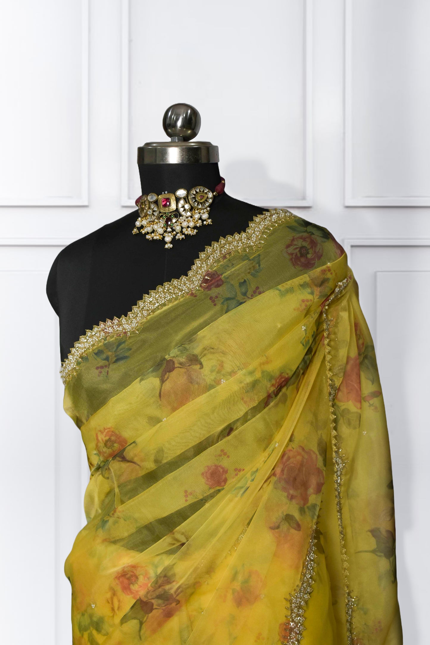 Sree - Yellow Floral print Pure Organza Saree