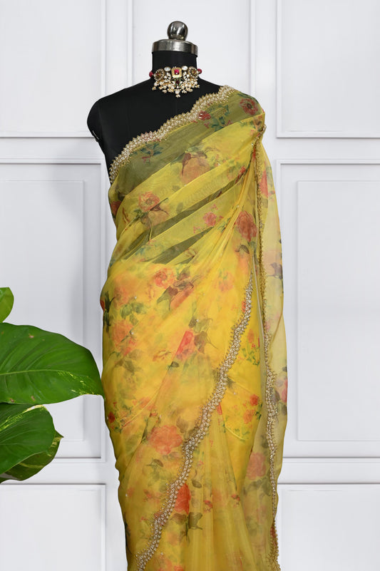 Sree - Yellow Floral print Pure Organza Saree