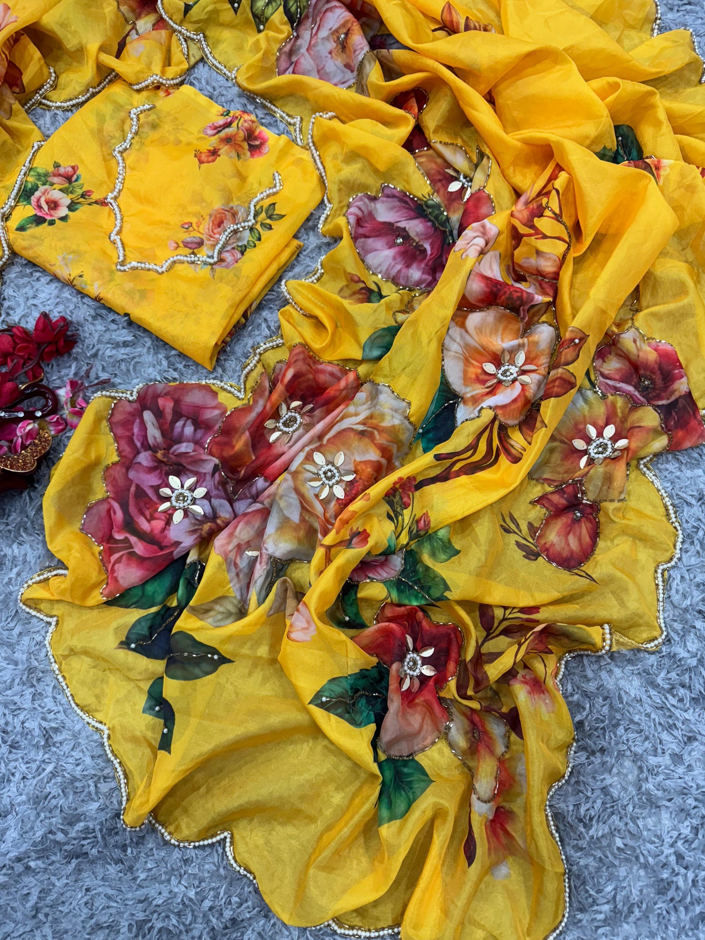 Fancy Floral Print Organza Saree - Yellow