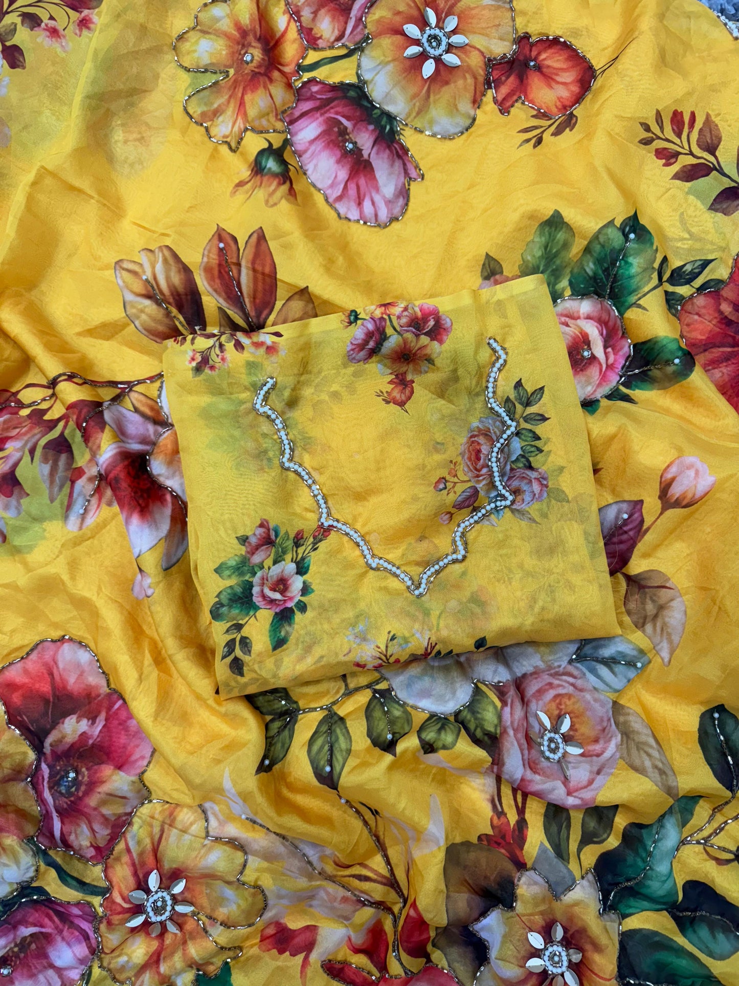 Fancy Floral Print Organza Saree - Yellow