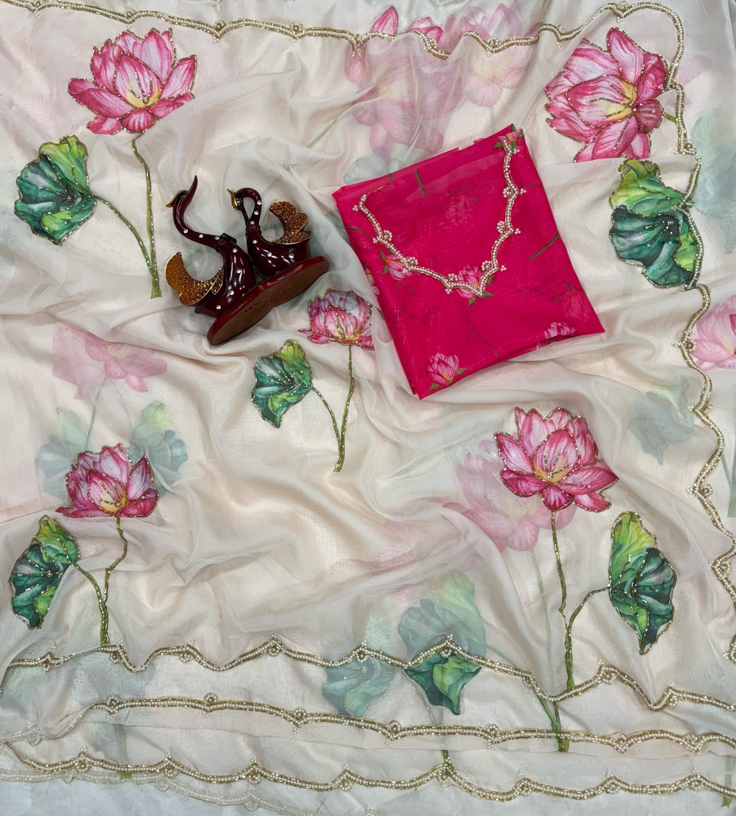 Fancy Floral Print Organza Saree - Peach