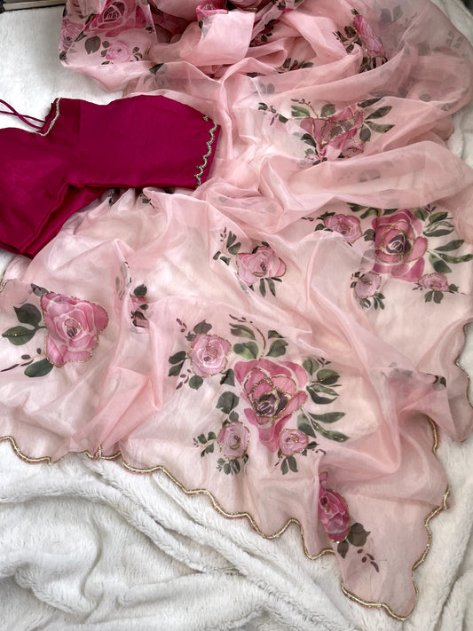 Fancy Floral Print Organza Saree - Pink