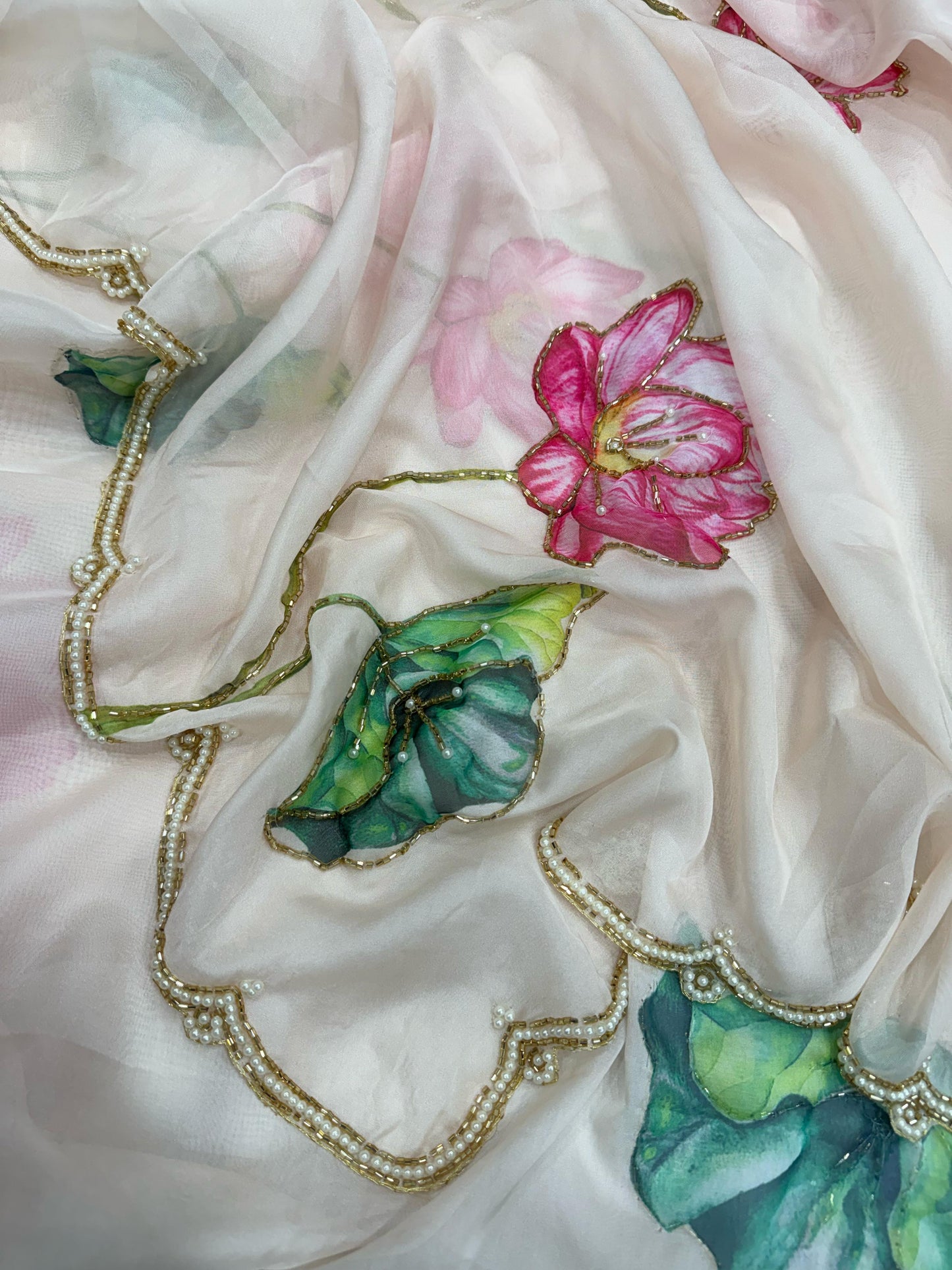 Fancy Floral Print Organza Saree - Peach